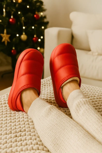 Peluş İçi Yünlü Kışlık Panduf Kırmızı Kadın Ev Terliği - Resim 3