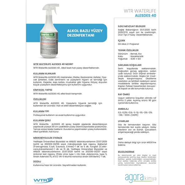 WTR Alesdes 40 Alkol Bazlı Yüzey Dezenfektanı 500 ml - Resim 2