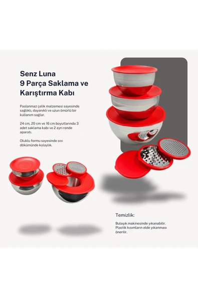 Luna 9 Parça Saklama Ve Karıştırma Kabı Rendeli Kırmızı Kapaklı - Resim 2