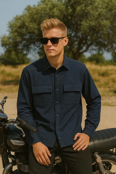 Erkek Cepli Lacivert Jean Gömlek