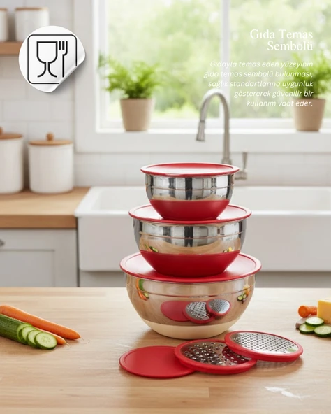 Luna 9 Parça Saklama Ve Karıştırma Kabı Rendeli Kırmızı Kapaklı ürün görseli 1