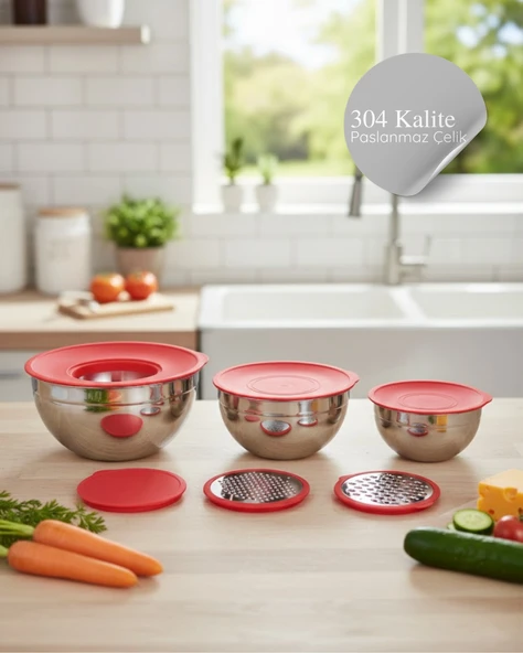 Luna 9 Parça Saklama Ve Karıştırma Kabı Rendeli Kırmızı Kapaklı - Resim 3