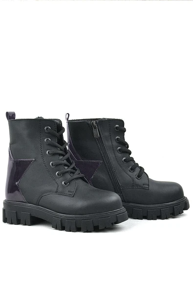 Rakerplus Siyah Hakiki Deri Platin Yıldız Detaylı Kız Çocuk Bot - Resim 6