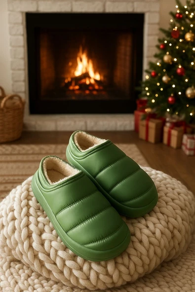 Peluş İçi Yünlü Kışlık Panduf Yeşil Kadın Ev Terliği - Resim 2