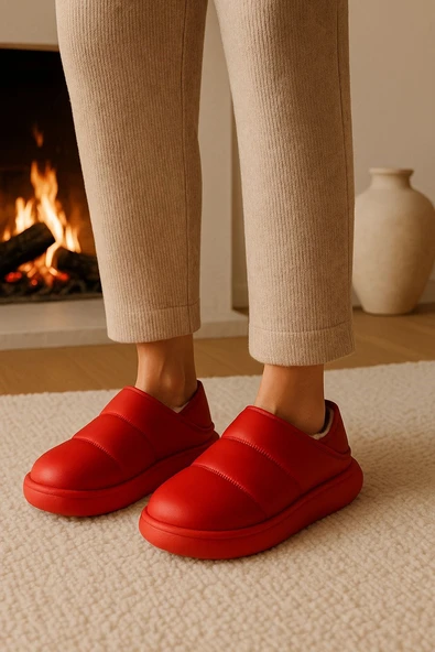 Peluş İçi Yünlü Kışlık Panduf Kırmızı Kadın Ev Terliği ürün görseli