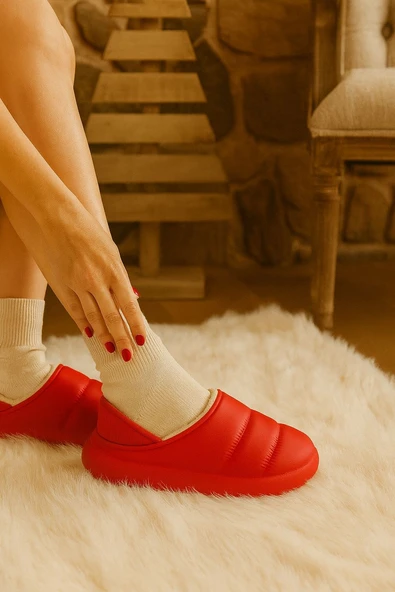 Peluş İçi Yünlü Kışlık Panduf Kırmızı Kadın Ev Terliği - Resim 2