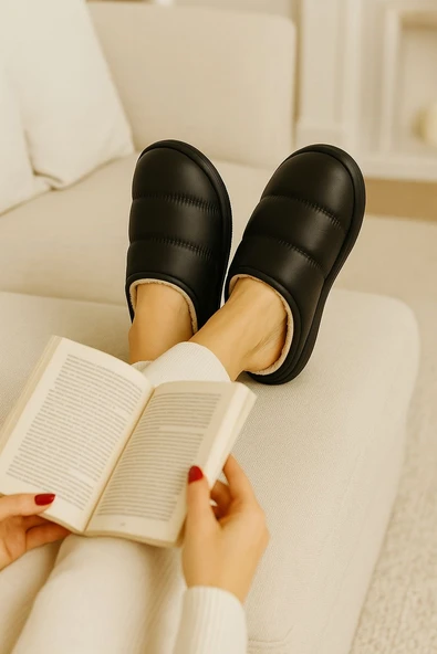 Peluş İçi Yünlü Kışlık Panduf Siyah Kadın Ev Terliği - Resim 2