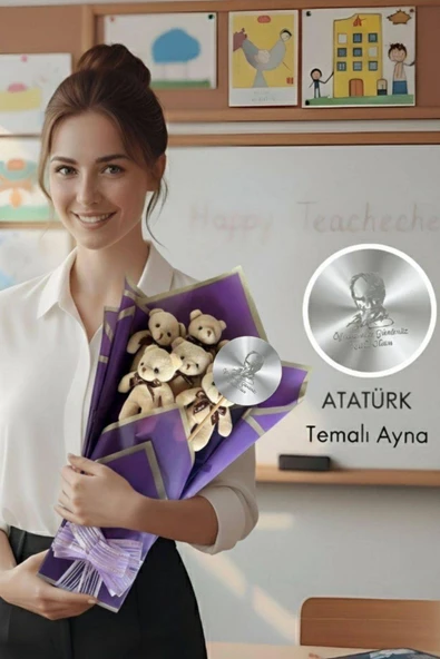 Öğretmen'e Hediye: Atatürk Temalı Aynasıyla 6’lı Mor Ayıcık Buketi-24 Kasım Öğretmenler Günü Hediyesi, Sınıf Öğretmenine Hediye ürün görseli