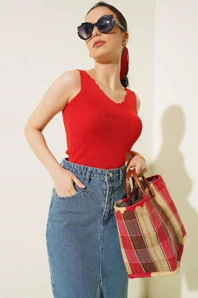 Hipatu Merdiven Yaka Krop - Kırmızı ürün görseli 1