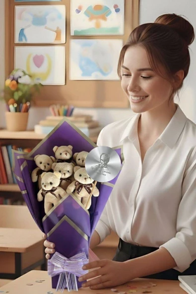 Öğretmen'e Hediye: Atatürk Temalı Aynasıyla 6’lı Mor Ayıcık Buketi-24 Kasım Öğretmenler Günü Hediyesi, Sınıf Öğretmenine Hediye - Resim 2