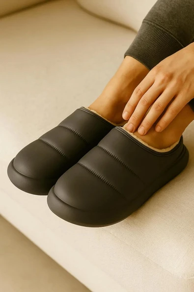 Peluş İçi Yünlü Kışlık Panduf Gri Erkek Ev Terliği - Resim 3