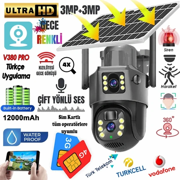 MPIA MIKA-4G 6MP 4K 4G Sim Kartlı Solar 2x12000mAH Sesli 360 PTZ Türkçe Uygulama Güvenlik Kamera