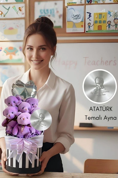 Öğretmen'e Hediye: Atatürk Temalı Aynalı Çizgili Premium Kutuda, Kalpli Balonlu 6’lı Mor Ayıcık Buketi-24 Kasım Öğretmenler Günü Hediyesi ürün görseli