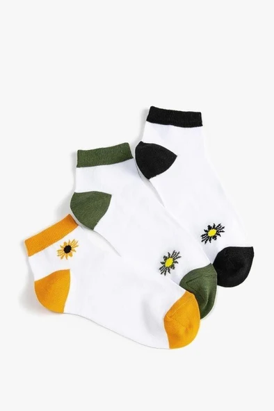 Koton Kadın 3'lü Patik Çorap Seti Çiçek İşlemeli Çok Renkli ürün görseli