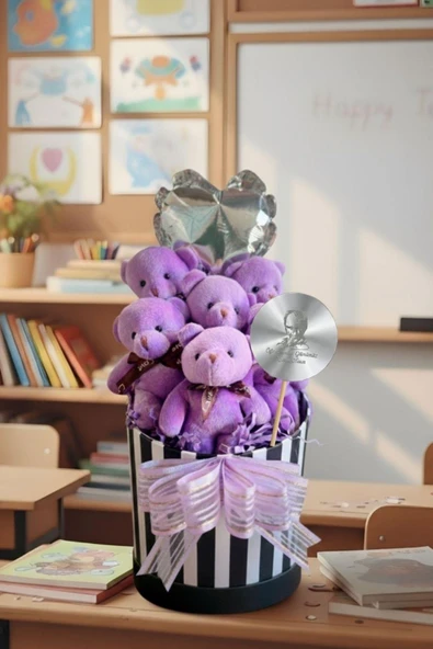 Öğretmen'e Hediye: Atatürk Temalı Aynalı Çizgili Premium Kutuda, Kalpli Balonlu 6’lı Mor Ayıcık Buketi-24 Kasım Öğretmenler Günü Hediyesi - Resim 3