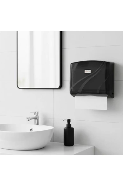 200’lü Z Katlamalı Kağıt Havluluk Dispanseri Siyah, Banyo Mutfak Duvara Monte Havluluk (200 Yaprak) - Resim 4