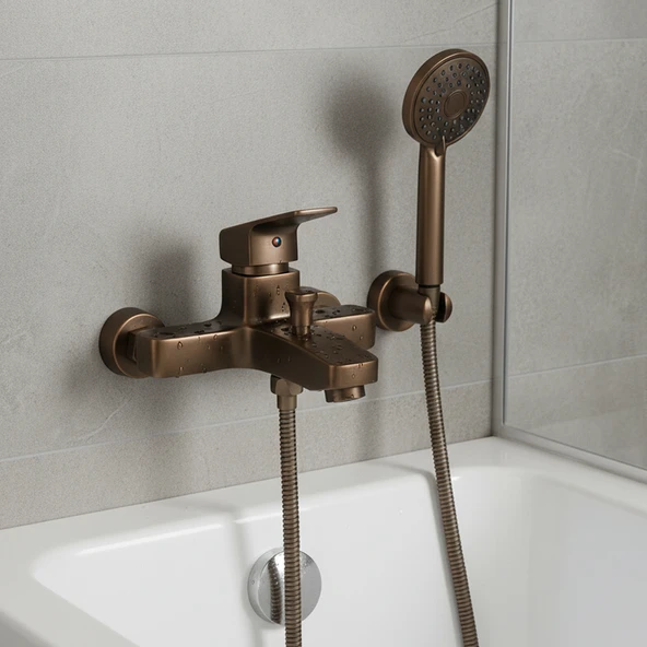 Premium Bronz 0250BR Aç Kapa Banyo Bataryası Duvar Tipi Modern Sıcak Soğuk Ayarlı Armatür - Resim 2