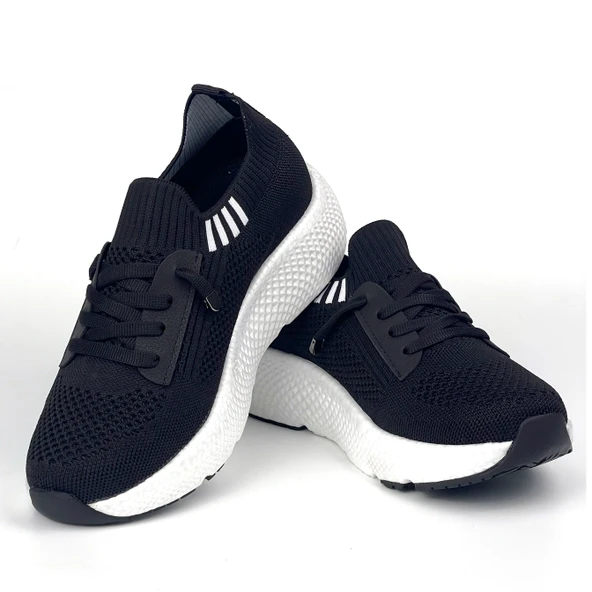 Kadın Siyah Beyaz Triko Günlük Rahat Ortopedik Terletmeyen Spor Sneaker Ayakkabı - Resim 2
