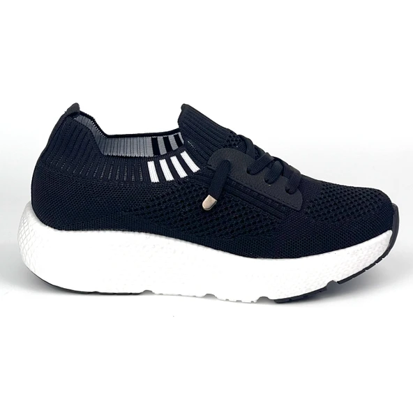 Kadın Siyah Beyaz Triko Günlük Rahat Ortopedik Terletmeyen Spor Sneaker Ayakkabı - Resim 4