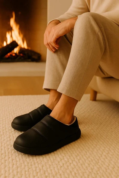 Peluş İçi Yünlü Kışlık Panduf Siyah Erkek Ev Terliği - Resim 2