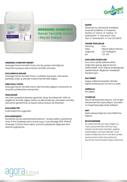 Greengel Comfort Genel Temizlik Ürünü Beyaz Sabun 20 L - Resim 2