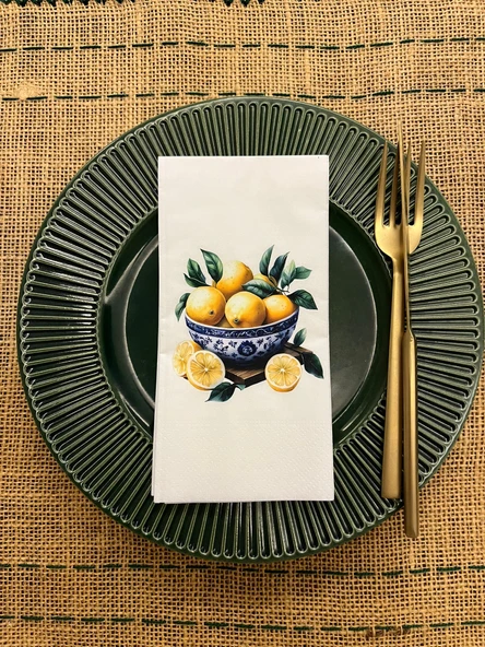 Mavi Beyaz Kase Limon Baskılı Sunum Peçetesi Beyaz 16 Adet