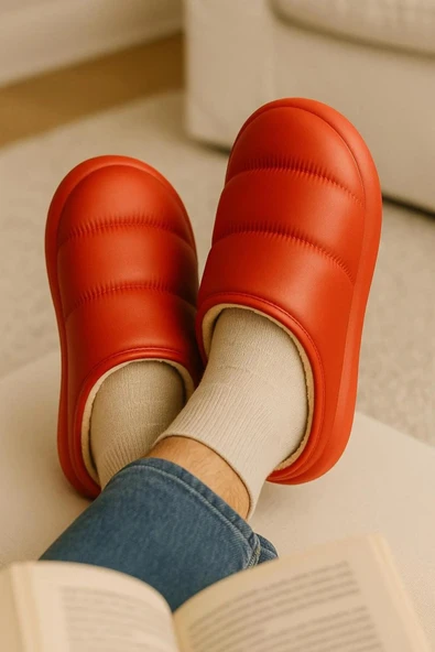 Peluş İçi Yünlü Kışlık Panduf Kırmızı Erkek Ev Terliği - Resim 2