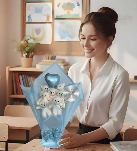 Öğretmen'e Hediye: Atatürk Temalı Aynalı Kalpli Balonlu 7’li Mavi Ayıcık Buketi-24 Kasım Öğretmenler Günü Hediyesi - Resim 2