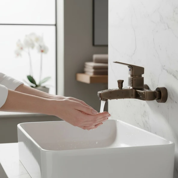 Premium Bronz 0250BR Aç Kapa Banyo Bataryası Duvar Tipi Modern Sıcak Soğuk Ayarlı Armatür - Resim 3