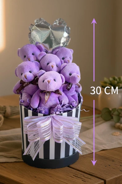Premium Silindir Hediye Kutusunda, Kalpli Balonlu 6’lı Mor Ayıcık Buketi - Resim 5