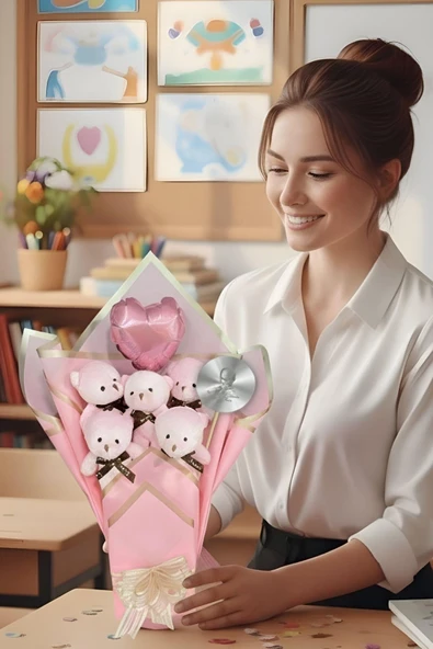 Öğretmen'e Hediye: Atatürk Temalı Aynalı Kalpli Balonlu 6’lı Pembe Ayıcık Buketi-24 Kasım Öğretmenler Günü Hediyesi - Resim 2