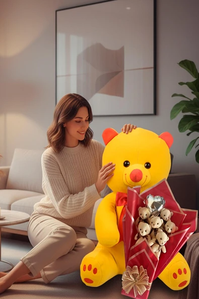 Premium 80 cm Peluş Ayı ve Romantik Balonlu Sütlü Kahve Peluş Ayıcık Buketi ürün görseli