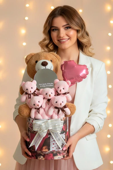 Mesajlı Ayna ve Kalpli Kutuda Kahverengi - Pembe Delüxe Peluş Ayıcık Buketi – Romantik Hediye Seti ürün görseli