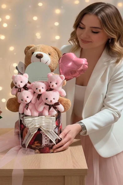 Mesajlı Ayna ve Kalpli Kutuda Kahverengi - Pembe Delüxe Peluş Ayıcık Buketi – Romantik Hediye Seti - Resim 3