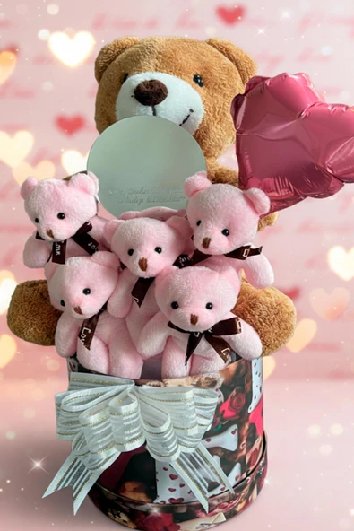 Mesajlı Ayna ve Kalpli Kutuda Kahverengi - Pembe Delüxe Peluş Ayıcık Buketi – Romantik Hediye Seti - Resim 2