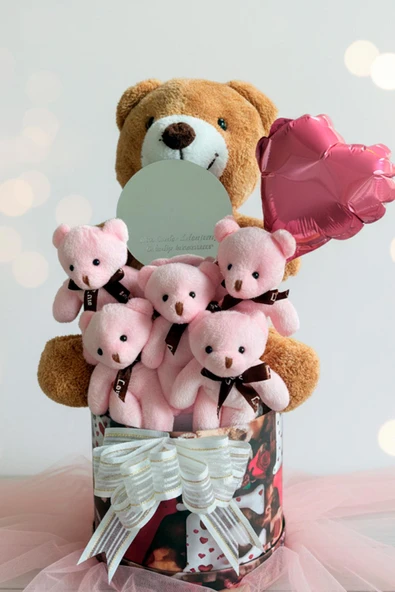 Mesajlı Ayna ve Kalpli Kutuda Kahverengi - Pembe Delüxe Peluş Ayıcık Buketi – Romantik Hediye Seti - Resim 4