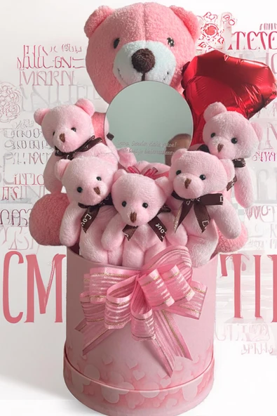 Mesajlı Ayna ve Kalpli Kutuda Pembe Delüxe Peluş Ayıcık Buketi – Romantik Hediye Seti - Resim 3