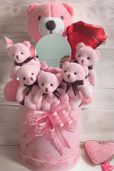 Mesajlı Ayna ve Kalpli Kutuda Pembe Delüxe Peluş Ayıcık Buketi – Romantik Hediye Seti - Resim 4