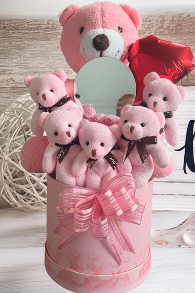 Mesajlı Ayna ve Kalpli Kutuda Pembe Delüxe Peluş Ayıcık Buketi – Romantik Hediye Seti - Resim 5