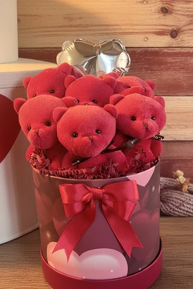 Premium Özel Kalpli Silindir Kutusunda, Kalpli Balonlu LED Işıklı 6’lı Kırmızı Ayıcık Buketi - Resim 2