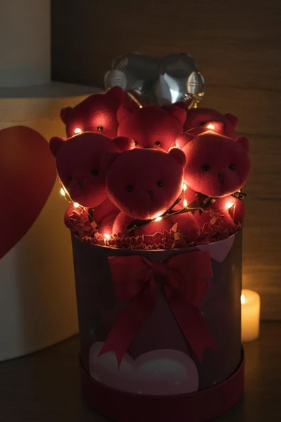 Premium Özel Kalpli Silindir Kutusunda, Kalpli Balonlu LED Işıklı 6’lı Kırmızı Ayıcık Buketi ürün görseli