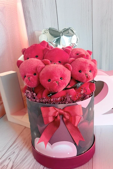 Premium Özel Kalpli Silindir Kutusunda, Kalpli Balonlu LED Işıklı 6’lı Kırmızı Ayıcık Buketi - Resim 4