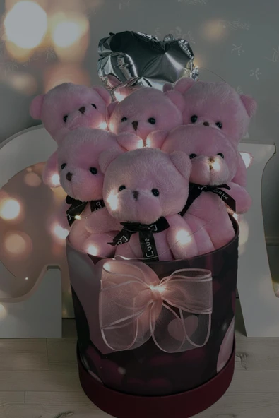 Premium Silindir Kalpli Kırmızı Kutusunda, Kalpli Balonlu LED Işıklı 6’lı Pembe Ayıcık Buketi - Resim 5