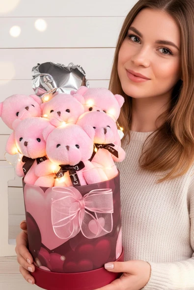 Premium Silindir Kalpli Kırmızı Kutusunda, Kalpli Balonlu LED Işıklı 6’lı Pembe Ayıcık Buketi - Resim 3