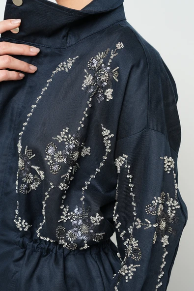 Kadın Önü Boncuk İşlemeli Fermuarlı Ve Çıtçıt Kapamalı Kışlık Ceket - 8