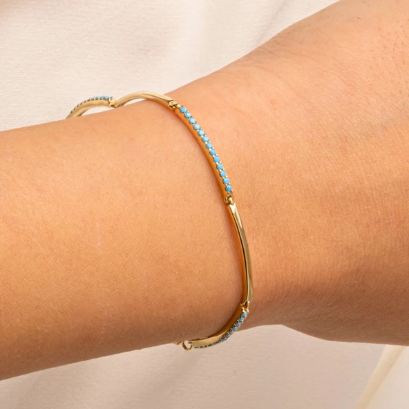 Gümüş Bileklik - Sıra Firuze (Turkuaz) Taşlı Modern Tasarım Şık 925 Ayar Gümüş Bileklik - 2