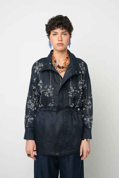 Kadın Önü Boncuk İşlemeli Fermuarlı Ve Çıtçıt Kapamalı Kışlık Ceket - 6