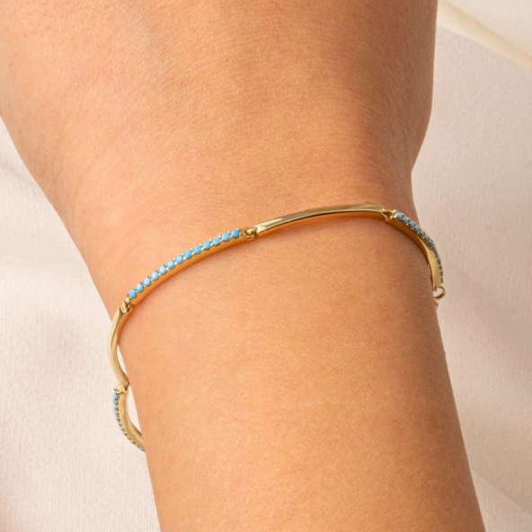 Gümüş Bileklik - Sıra Firuze (Turkuaz) Taşlı Modern Tasarım Şık 925 Ayar Gümüş Bileklik