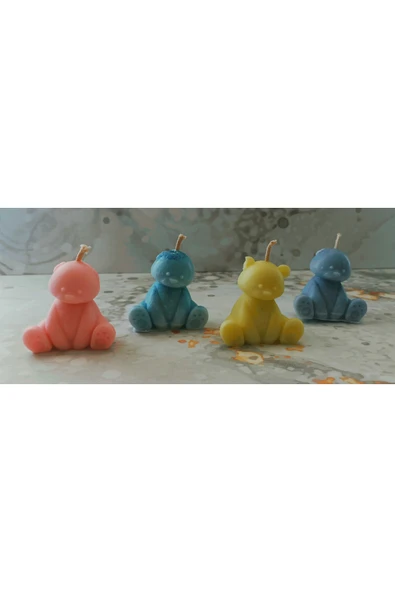 Pinhomedizayn 4 Adet Hediyelik Ayı %100 Soya Mum Yenidoğan Doğum Günü Hediyelik - 3
