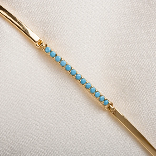 Gümüş Bileklik - Sıra Firuze (Turkuaz) Taşlı Modern Tasarım Şık 925 Ayar Gümüş Bileklik - 5